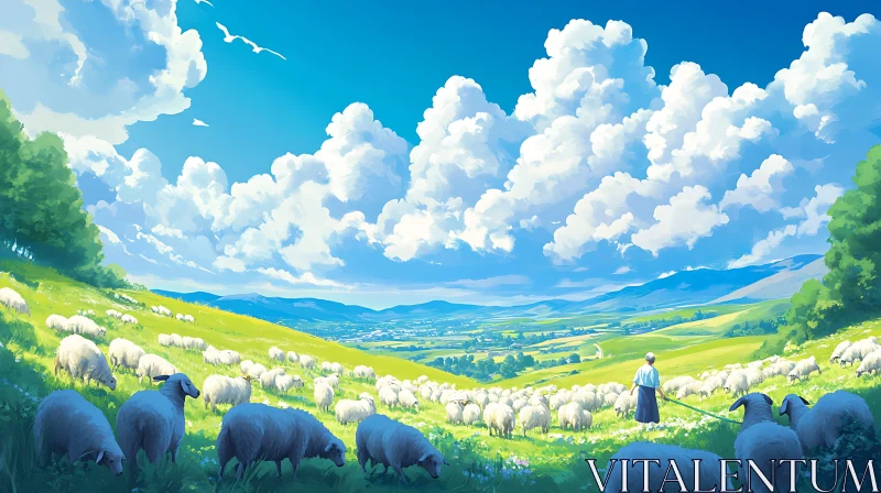 AI ART Pastoral Scene with Sheep and Shepherd