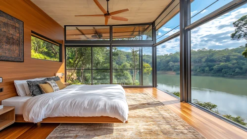 Modern Bedroom Interior with Lake Scenery