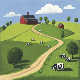 Cows Grazing on Green Hills Near Farm
