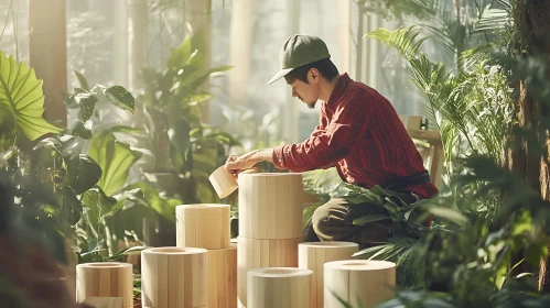 Gardener Arranging Wooden Pots