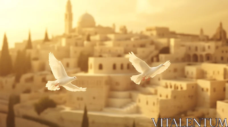 AI ART White Doves in Golden Light Over City