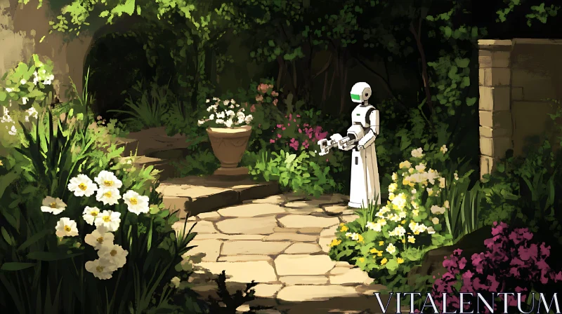 Technological Serenity: Robot in the Garden AI Image