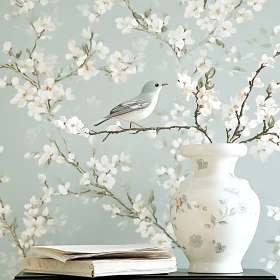 Floral Vase with Bird on Branch Still Life