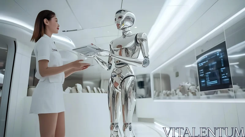 AI ART Silver Robot Serving Woman with Tablet