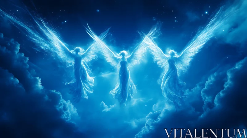 AI ART Celestial Trio: Angels in the Azure Heavens