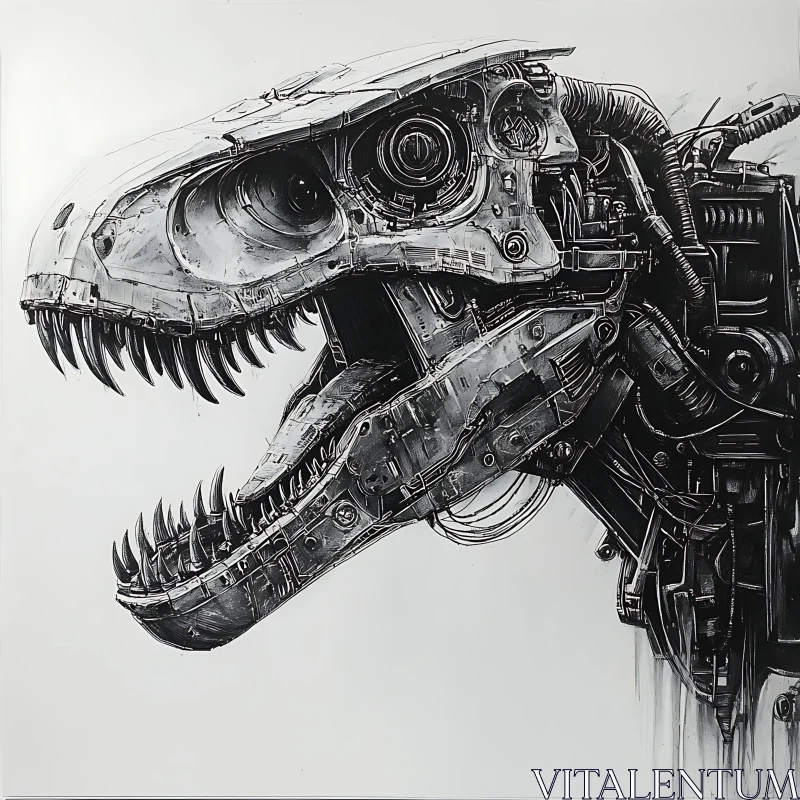 Robotic Dinosaur Head: Technical Grayscale Rendering AI Image