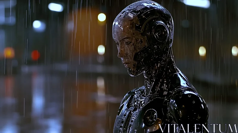 Futuristic Cyborg in Rain AI Image