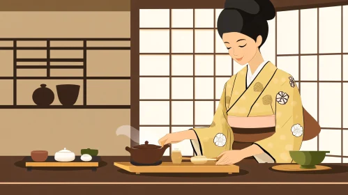 Woman in Kimono Preparing Tea