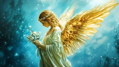 Golden Winged Angel with White Flowers