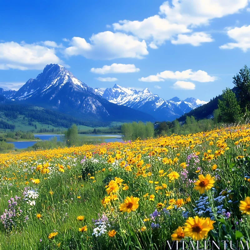 AI ART Alpine Meadow and Snowy Peaks