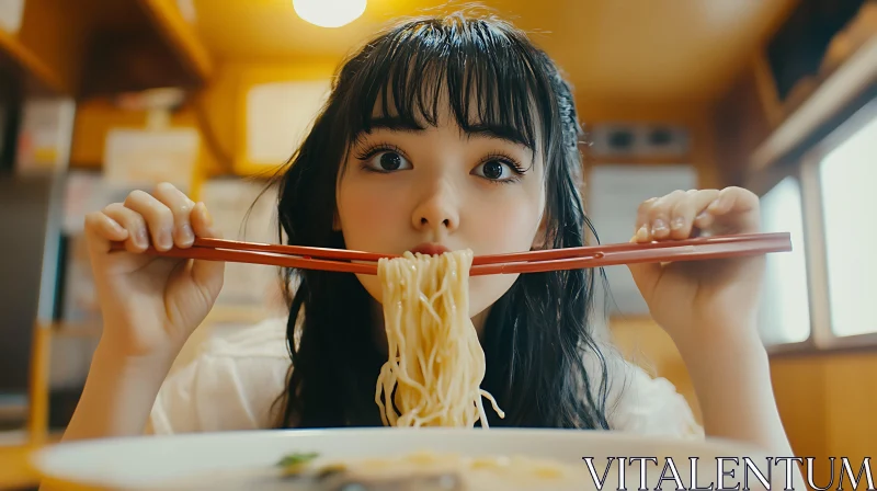 AI ART Young Girl Eating Noodles in Warm Restaurant Setting