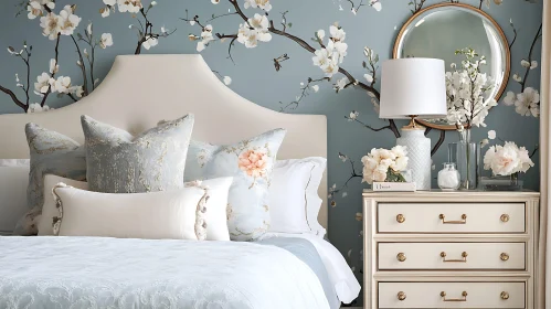 Serene Bedroom with Floral Wallpaper and Decor