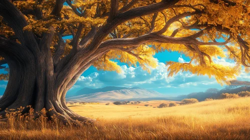 Autumnal Tree on Golden Field