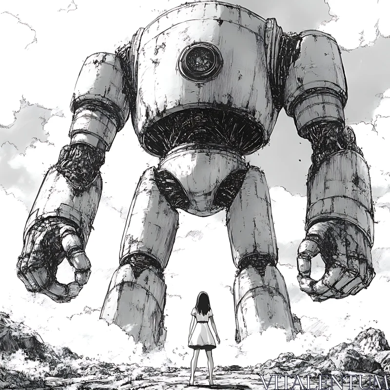 AI ART Monochrome Encounter: Girl vs Robot