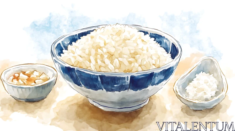 Artistic Rice Bowls in Watercolor AI Image