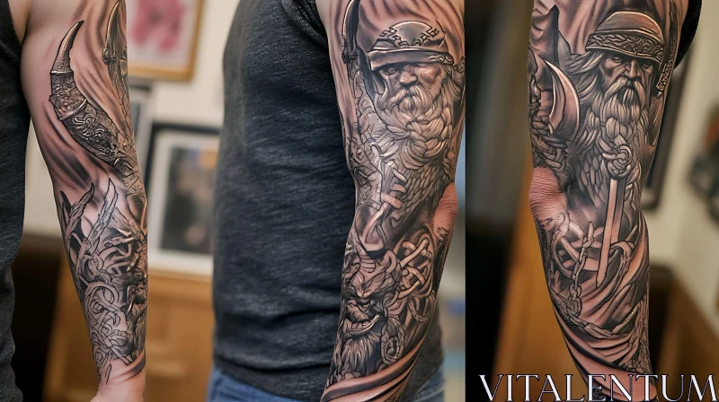 Intricate Arm Tattoo of a Bearded Warrior AI Image