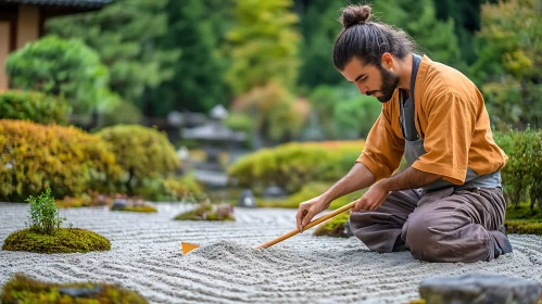 Man Raking Sand in Tranquil Garden