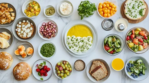 Diverse Brunch Spread with Salads, Fruits, and Bread