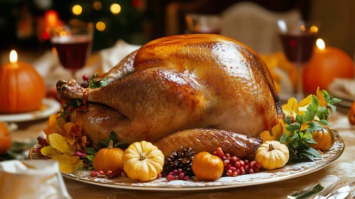 Roasted Turkey with Pumpkins and Autumn Decor
