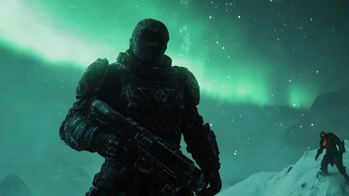 Sci-fi Soldier Under Northern Lights