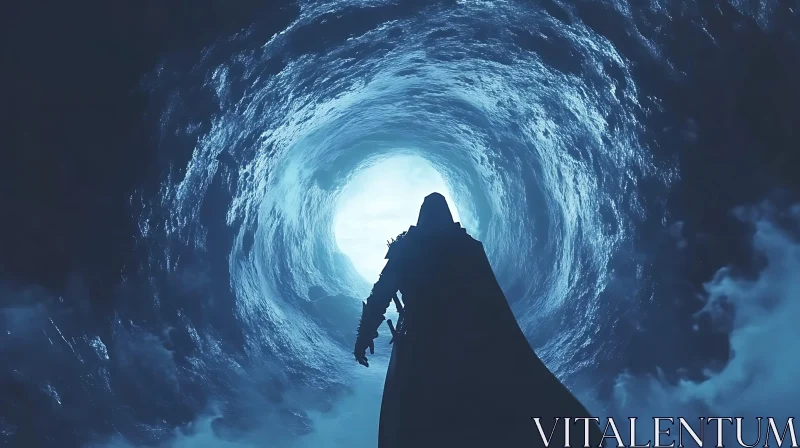 Cloaked Silhouette in Ethereal Blue Tunnel AI Image