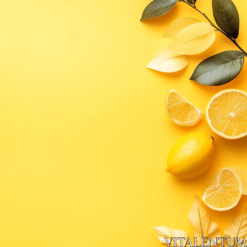 Citrus Lemon Slices with Leaves on Vibrant Backdrop AI Image