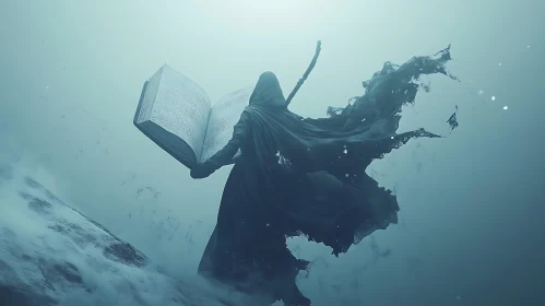 Enigmatic Figure with Ancient Book in Winter