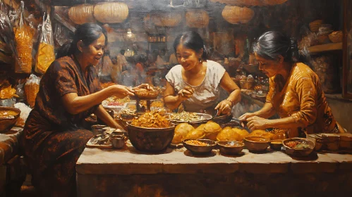 Women Preparing Food at Market Stall