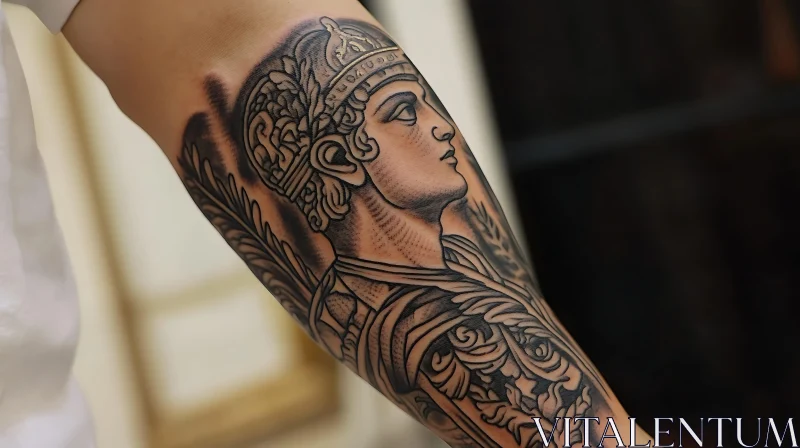 Classical Portrait Arm Tattoo with Intricate Designs AI Image