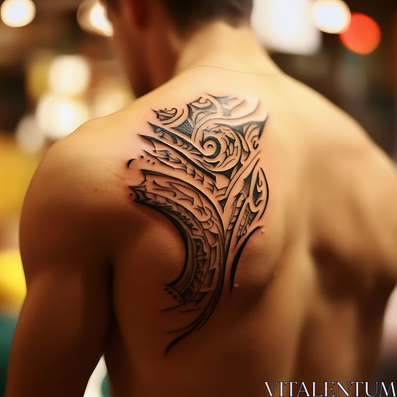 Detailed Tribal Tattoo Art on Upper Back AI Image