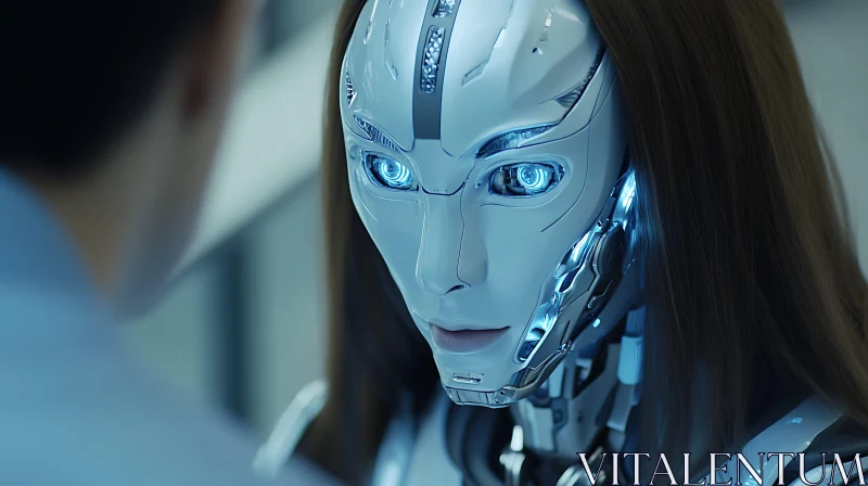 Advanced Female Cyborg Face with Glowing Eyes AI Image