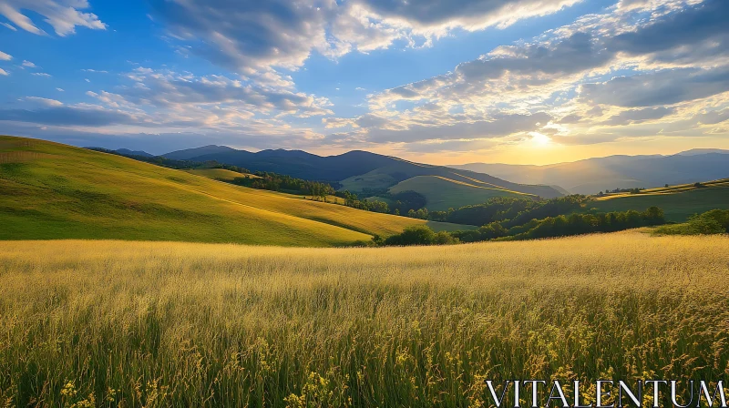 Peaceful Hills and Field at Sunset AI Image