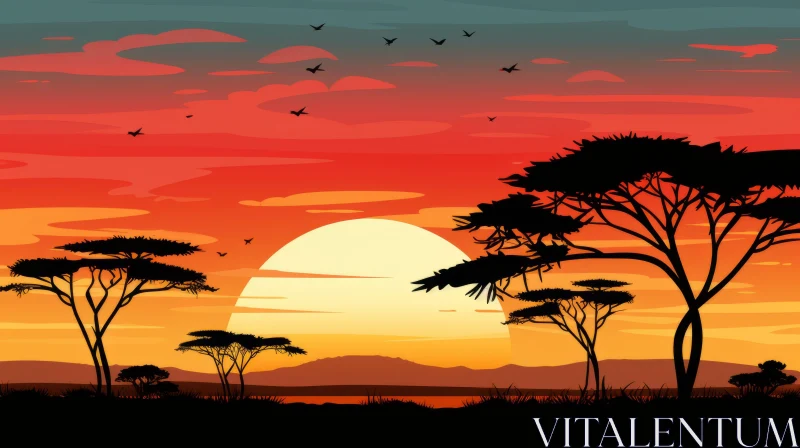 African Landscape with Sunset - Birdlife Cityscapes AI Image