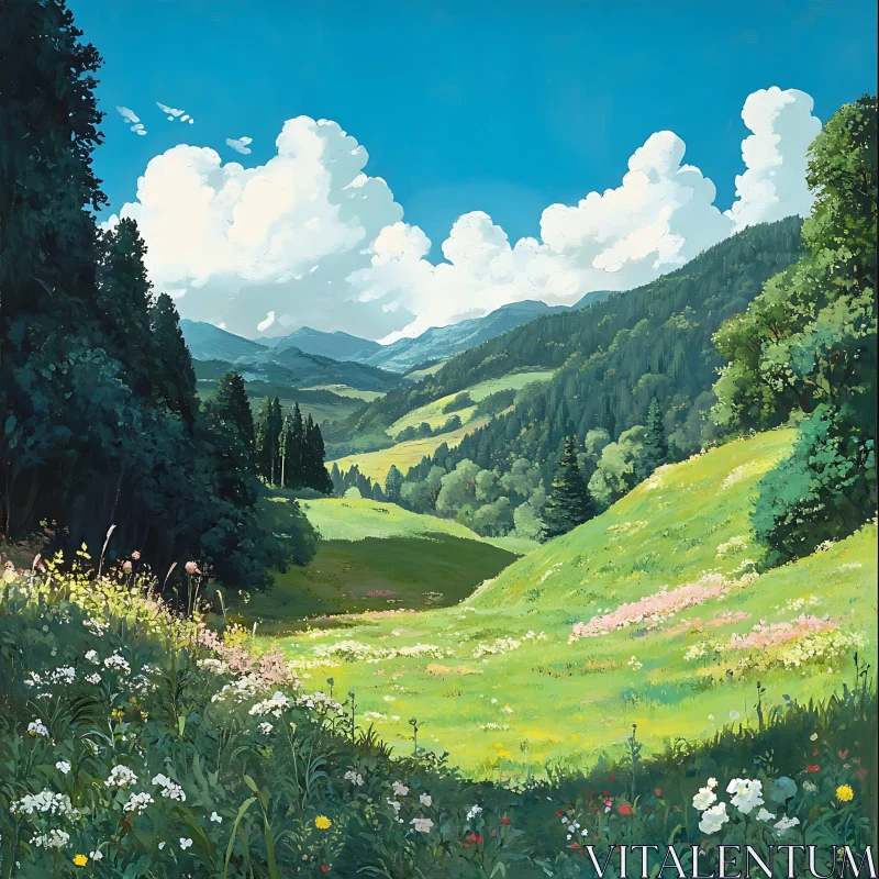 AI ART Scenic Valley View with Green Hills