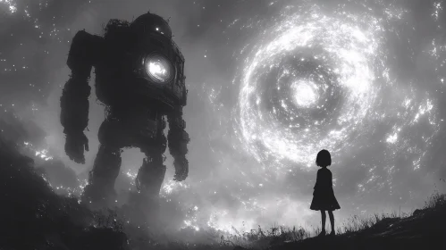 Monochrome Robot and Galaxy Scene