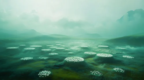 Misty Flower Field Landscape