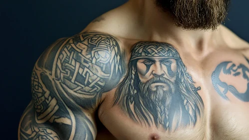 Intricate Viking Tattoo on Muscular Chest and Shoulders