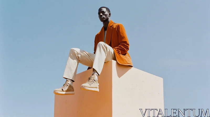 Man in Orange Jacket and Beige Shoes AI Image