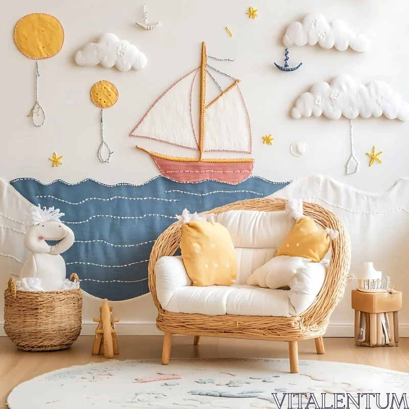 AI ART Nautical Nursery Scene with Wicker Chair