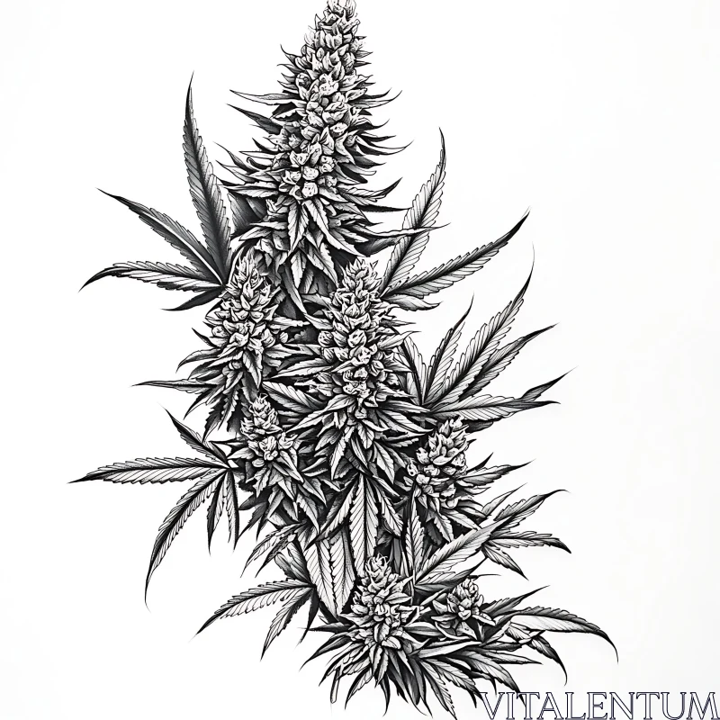 Intricate Botanical Drawing of a Cannabis Plant AI Image