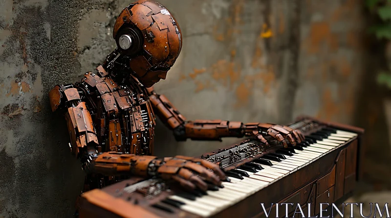 Aged Robot Playing Piano AI Image