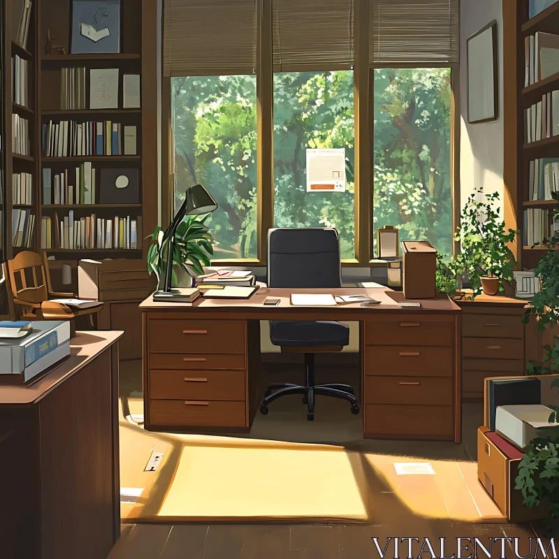 AI ART Peaceful Office Space with Books and Nature