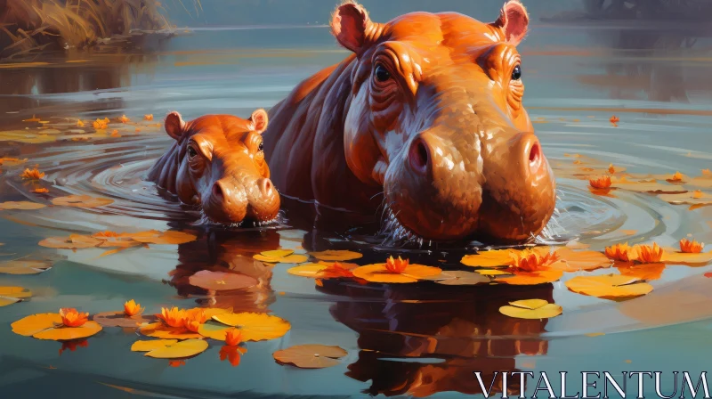 AI ART Monochromatic Oil-Painting of Hippos with Purple Flowers in Water