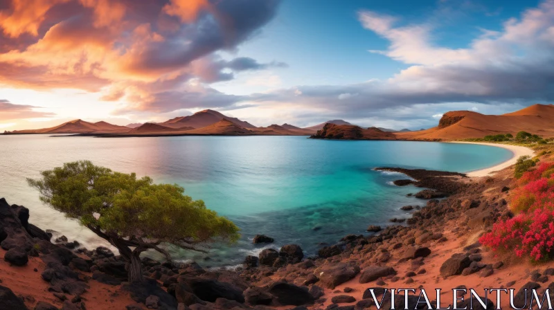 Red Earth Desert Landscape with Turquoise Sea in Galapagos Islands AI Image