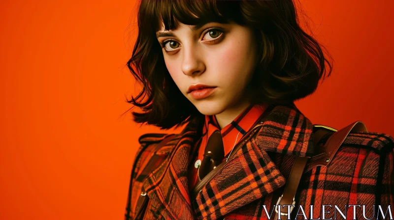 Serious Portrait of a Young Woman in Plaid Coat AI Image