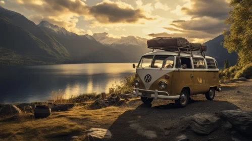 Vintage-inspired Bus Parked Near a Serene Lake | Golden Hues