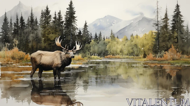 Watercolor Illustration of Elk in Natural Habitat AI Image