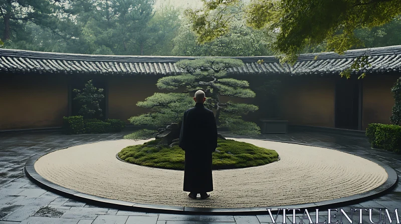 Monk in Japanese Garden AI Image