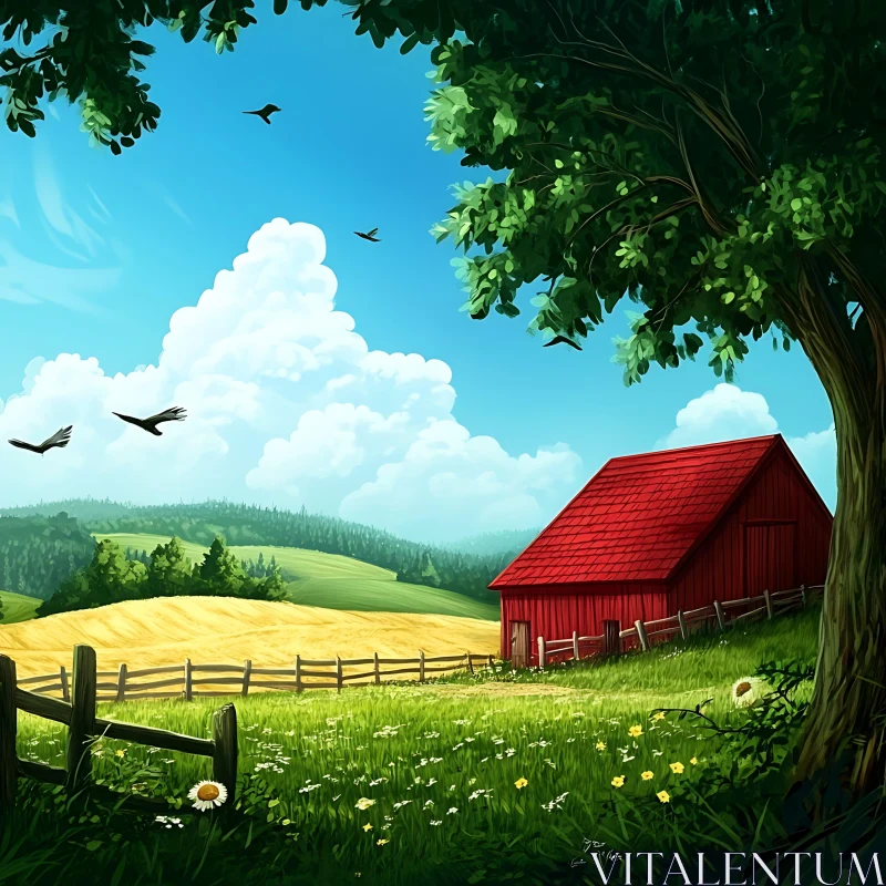 AI ART Rural Landscape with Barn and Meadow