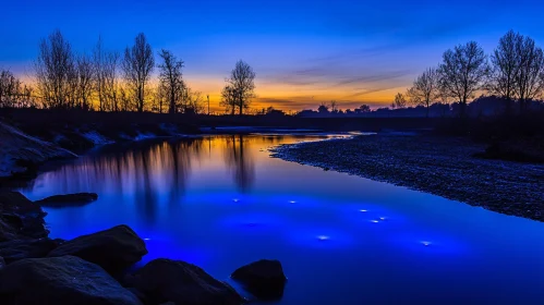 Peaceful Twilight Scene Over Still Waters and Silhouetted Trees